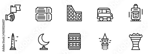 Travel Icon Set:  Modern Line Art Graphics of Tickets, Transportation, Landmarks, and Cultural Symbols for Website or App Design.
