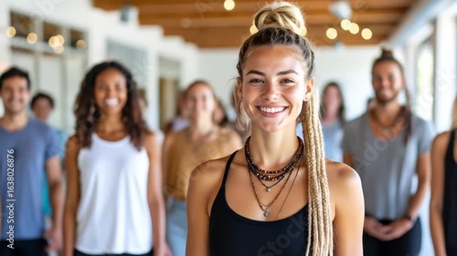 Wallpaper Mural Smiling woman in yoga studio with diverse class with health  wellness concept. Torontodigital.ca