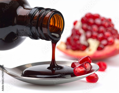 Pomegranate Molasses Pouring from Bottle onto Spoon with Seeds and Fruit