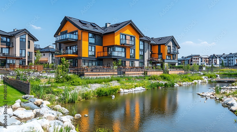 Obraz premium Modern residential complex alongside a tranquil pond.