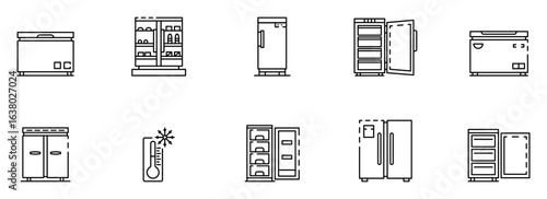 Collection of Minimalist Line Art Refrigerator and Freezer Icons:  Various Styles, Open and Closed Doors,  Commercial Kitchen and Home Appliance Graphics.