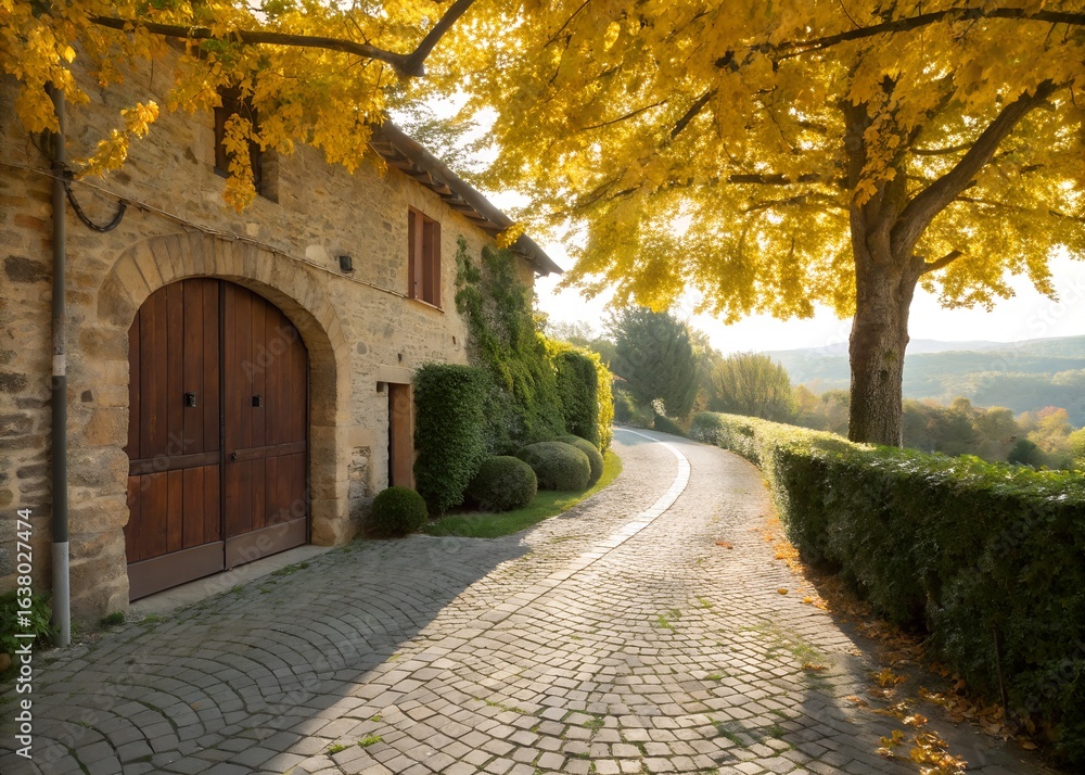 Fototapeta premium Charming stone house entrance with a cobblestone driveway leading into a picturesque countryside scene surrounded by autumn foliage and a beautiful tree.