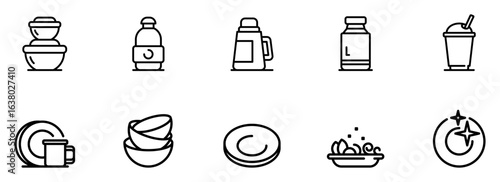 Clean Minimalist Line Icons: Dishes, Drinks, and Utensils; Modern Kitchenware and Beverage Symbols; Simple Black and White Vector Graphics for Website or App Design.
