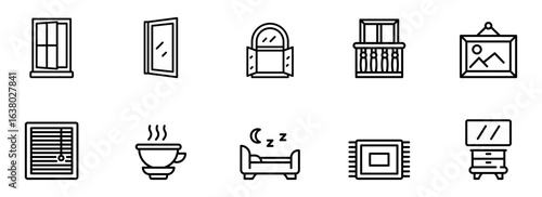 Collection of Minimalist Black Line Icons: Windows, Doors, Mirrors, Furniture, and Home Decor Elements for Modern Interior Design Projects.