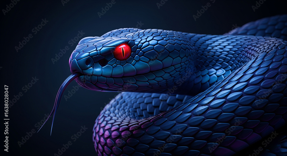Fototapeta premium Mysterious blue serpent with piercing red eyes in darkness