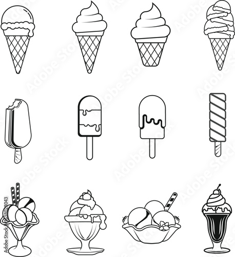 Ice cream set with various cartoon cones and desserts in colorful summer style illustration