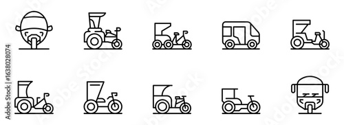 Collection of Minimalist Line Art Icons: Diverse Transportation Modes, Including Pedal-Powered and Motorized Vehicles, Ideal for App Design, Website UI, and Infographics.