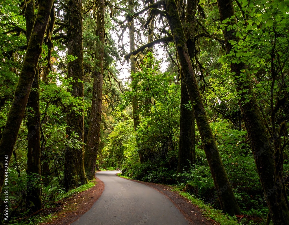 Fototapeta premium Winding road through lush, mossy forest