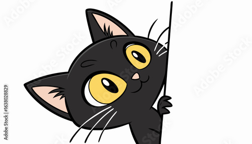 Black cute cat with yellow big eyes is peeking on white background