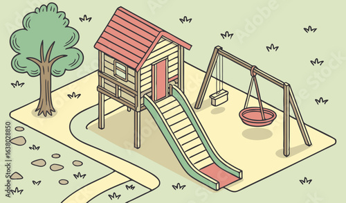 Isometric playground in park. Slide, wooden house and swing next to sandbox. City infrastructure with equipment for kids. Template, layout and mock up. Cartoon vector illustration       
