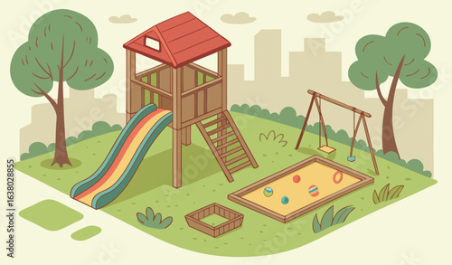 Isometric playground in park. Slide, wooden house and swing next to sandbox. City infrastructure with equipment for kids. Template, layout and mock up. Cartoon vector illustration       