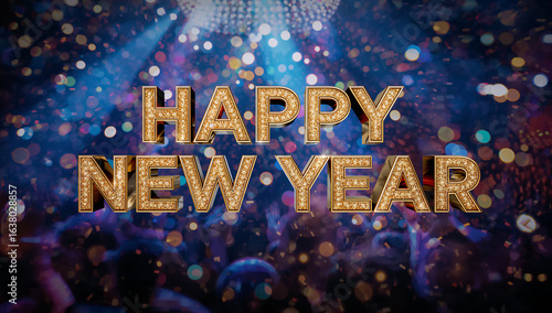 Scritta Happy New Year sullo sfondo scintillante con luci e colori di una discoteca