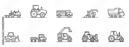 Collection of Nine Minimalist Line Art Agricultural and Construction Vehicle Icons: Tractor, Truck, Harvester, Bulldozer, Loader, and More.