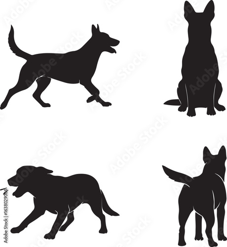Dog silhouettes in different poses. Collection of walking, sitting, and barking canine icons. Pet vector illustration.
