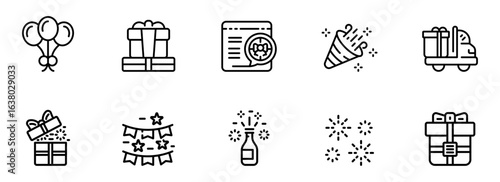 Celebration Icons:  A cheerful collection of line art graphics depicting gifts, balloons, party poppers, fireworks, and celebratory delivery, perfect for websites, apps, and festive designs.