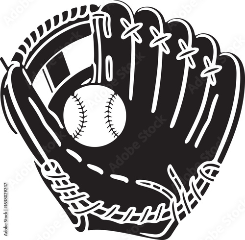 Baseball Glove Silhouette with Ball Inside Sport Equipment Protective Gear Design Vector