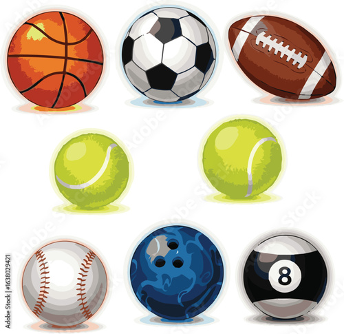 Create a kinds of deferent Colorful glowing game balls vector art with white background.