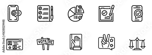 Modern Line Icons: Voting, Checklist, Surveys,  Data Analysis,  Legal, and Approval Process Concepts;  Clean, Minimalist Style.