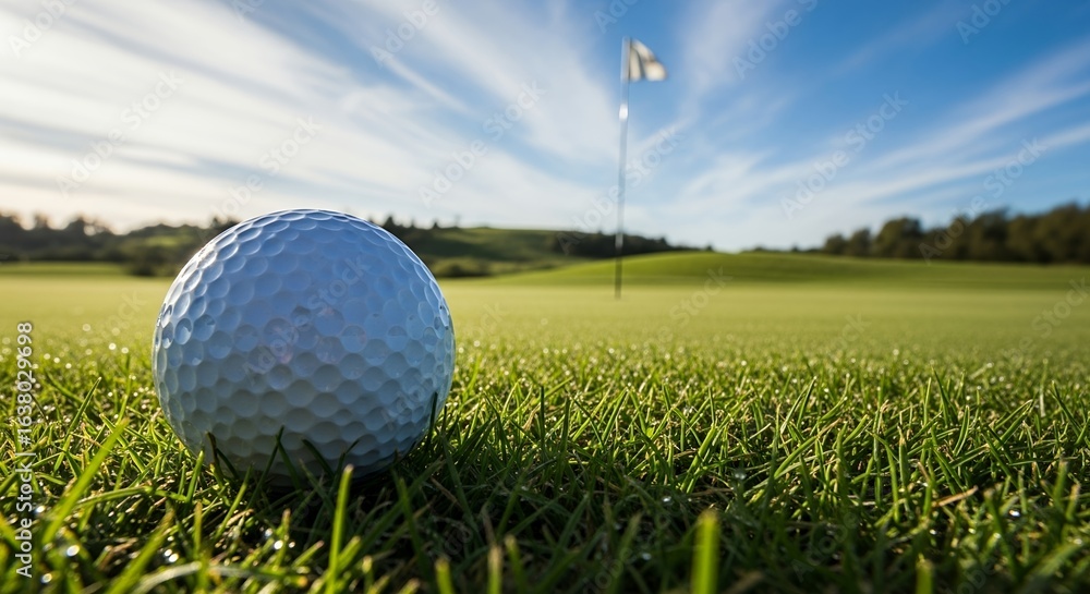 Obraz premium Golf Ball on Green with Flag in Background