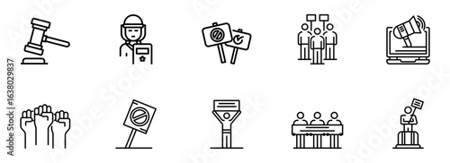 Line art icons: protest, law, order, demonstration, activism, social justice, rights, online activism, gavel, shield, signs, crowd, speech, digital protest, peaceful demonstration, legal action.