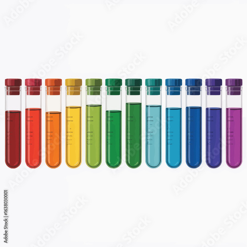 Rainbow colored liquids in laboratory test tubes arranged in a row