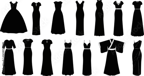 Create a kinds of deferent Dress vector art silhouette with white background.