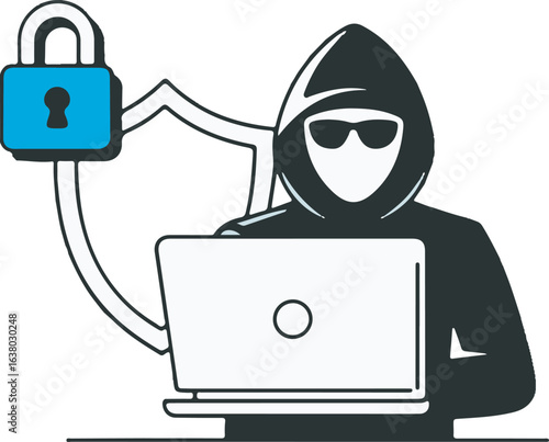 Cyber Security Hacker with Laptop and Lock Shield in Silhouette Style on Transparent BG