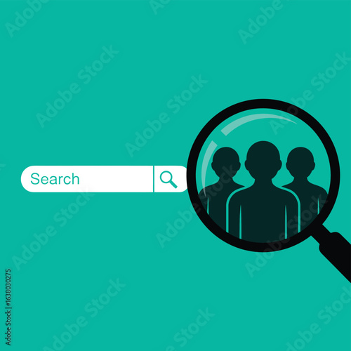 Magnifying glass over search bar revealing silhouettes of people