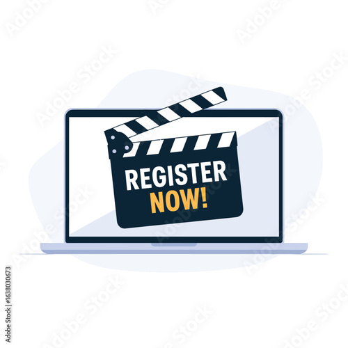 Laptop displaying a clapperboard with register now text for online film registration