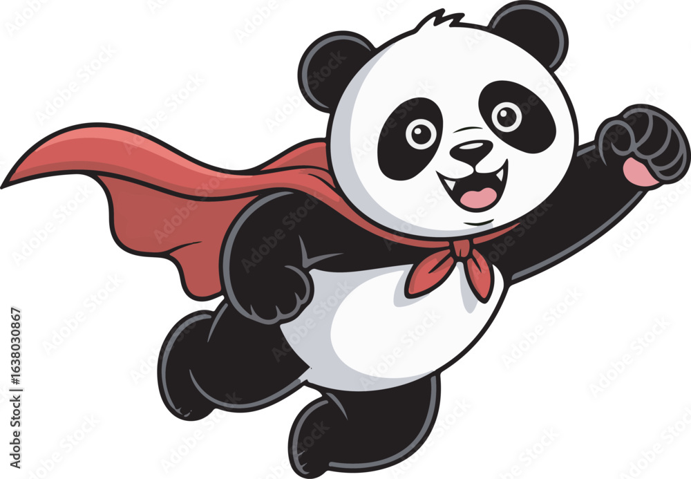 Naklejka premium Dynamic Superhero Panda Cartoon Character Flying with Cape for Children's Illustration