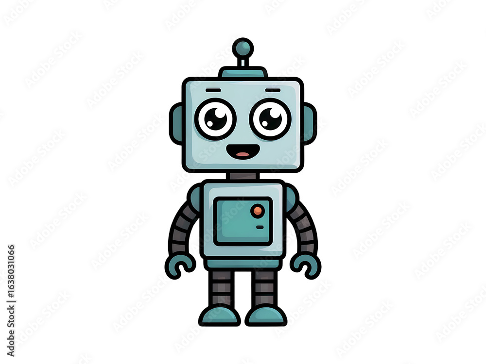 Cute cartoon robot with big eyes and a friendly smile on a white background character isolated on a transparent background Cute cartoon robot with big eyes and a friendly smile on a white background character isolated on a transparent background