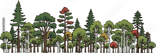 Create a kinds of deferent Forest tree line wood landscape vector art with white background.