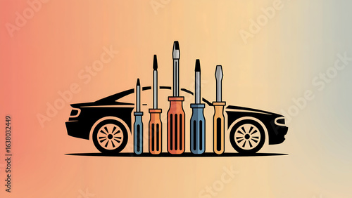 Car Repair and Maintenance Vector Illustration Featuring Screwdrivers Automotive Service and Vehicle Care Conceptual Design