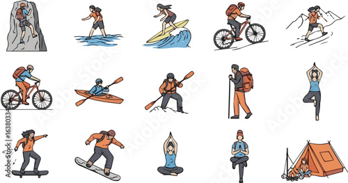 Create a kinds of deferent Lifestyle sports adventure people icon collection vector art with white background.