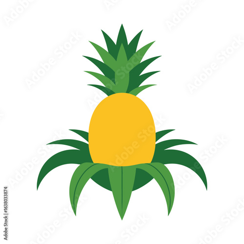 Bright yellow pineapple with green leaves on white background