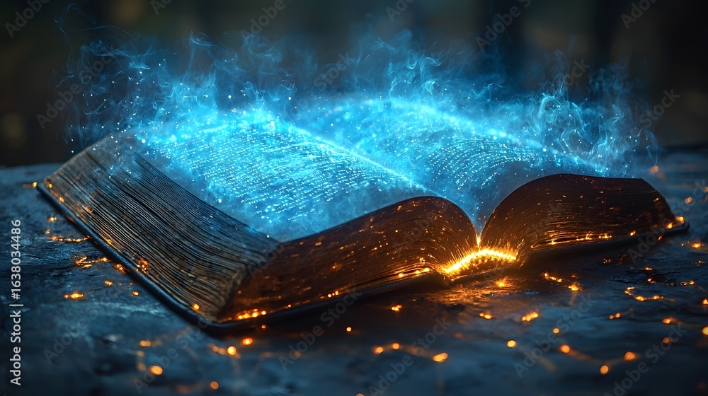 Fototapeta premium An open book with glowing self writing pages