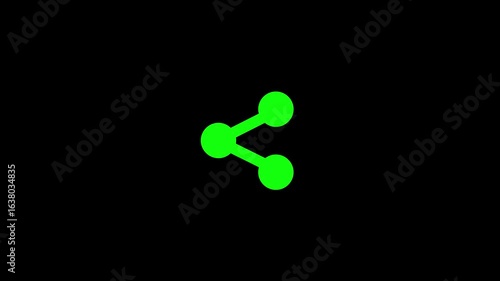 Animated glowing green share icon on black background, seamless loop, modern social media sharing animation, digital connection, network, communication, technology, user interface, link, distribution