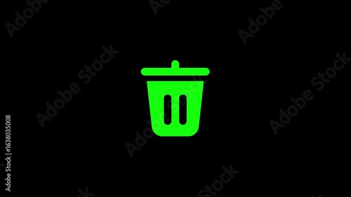Animated glowing green trash bin icon on black background, seamless loop, modern delete animation, digital garbage can, remove, recycle, waste management, user interface, technology, cleanup concept