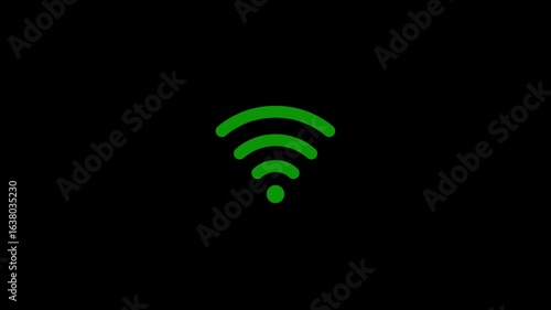 Animated glowing green wifi icon on black background, seamless loop, modern wireless internet connection animation, digital network signal, online access, technology, communication, hotspot concept