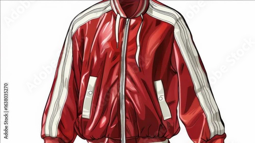 Sleek, sporty red jacket with bold white stripes on the sides. Hoodie design for casual comfort and style.