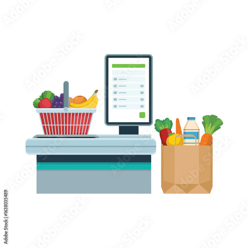 Grocery shopping at a self checkout counter with fresh produce
