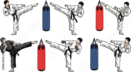 Create a kinds of deferent Man kicking sand bag icon, martial art training graphic design. vector art with white background.