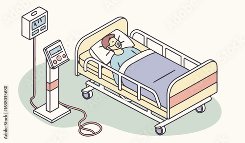 Severely ill patient lying on a hospital bed and breathing with the help of a ventilator. Lung disease treatment concept. Cartoon isometric vector illustration                       