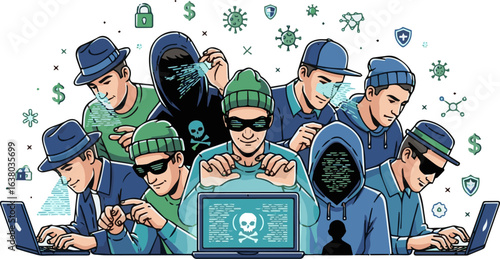 Create a kinds of deferent Man with hat hacking laptop icon. Computer hacker symbol. Fraud on internet and cybersecurity concept. vector art with white background.
