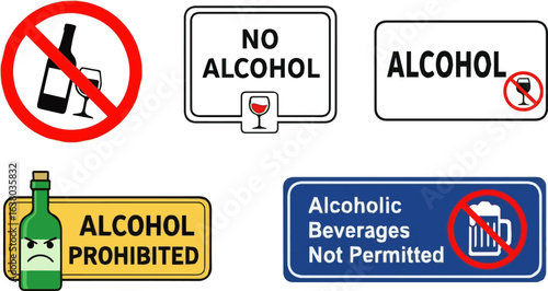 Create a kinds of deferent No alcohol allowed sign vector art with white background.