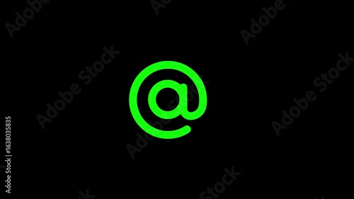 Animated glowing green at symbols moving on black background, digital communication concept, seamless loop, modern internet email icon animation, social media, online messaging, technology background