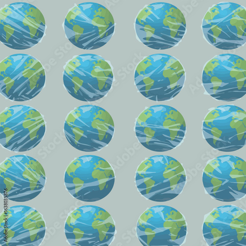 Repeated pattern of Earth globes wrapped in plastic, symbolizing environmental concerns.