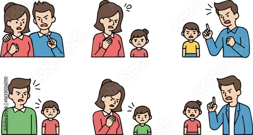 Create a kinds of deferent Parents scolding child icon Angry mother and father symbol. vector art with white background.