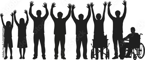 Create a kinds of deferent People raised hand icon,. vector art silhouette with white background.