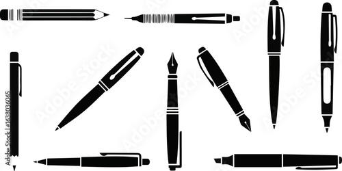 Create a kinds of deferent Pencil icon collection. Pen icon set vector art silhouette with white background.